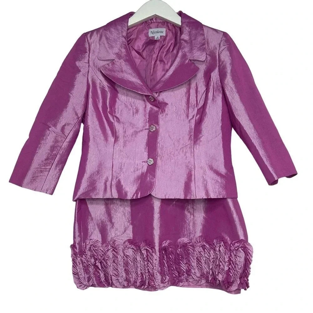 Nicolette Skirt Suit 12 Pink Iridescent Shimmer Ruffle Hem 3/4 Sleeve Blazer Set